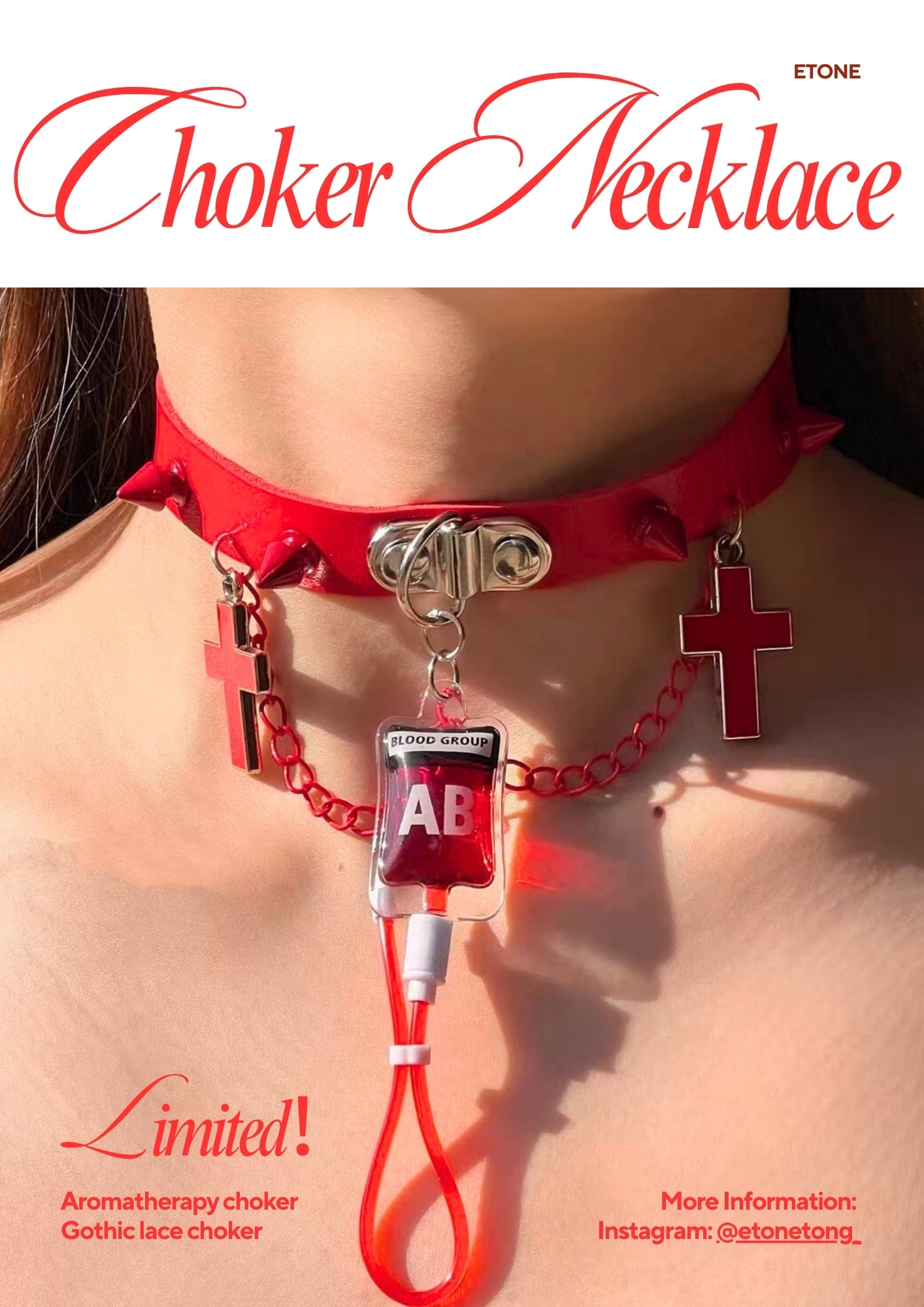 Y2K Punk Blood Bag Leather Choker – Studded Cross Indie Girl Necklace