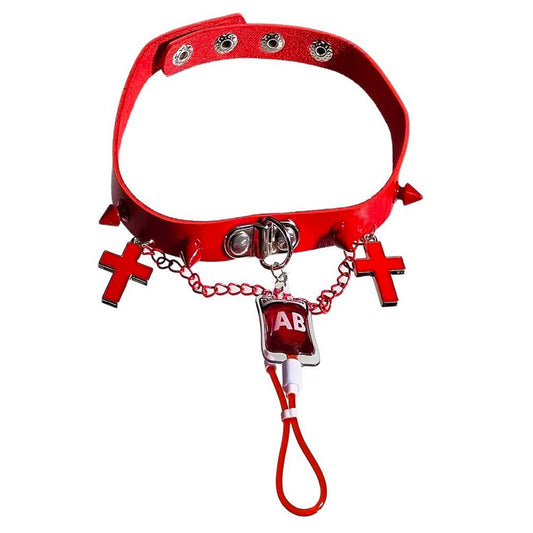 Y2K Punk Blood Bag Leather Choker – Studded Cross Indie Girl Necklace