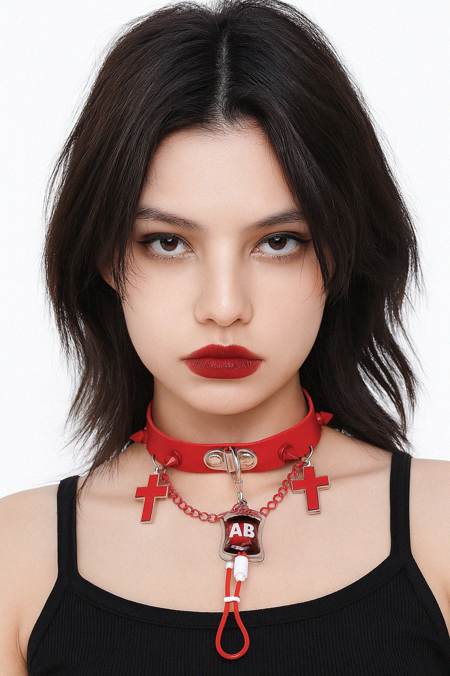 Y2K Punk Blood Bag Leather Choker – Studded Cross Indie Girl Necklace