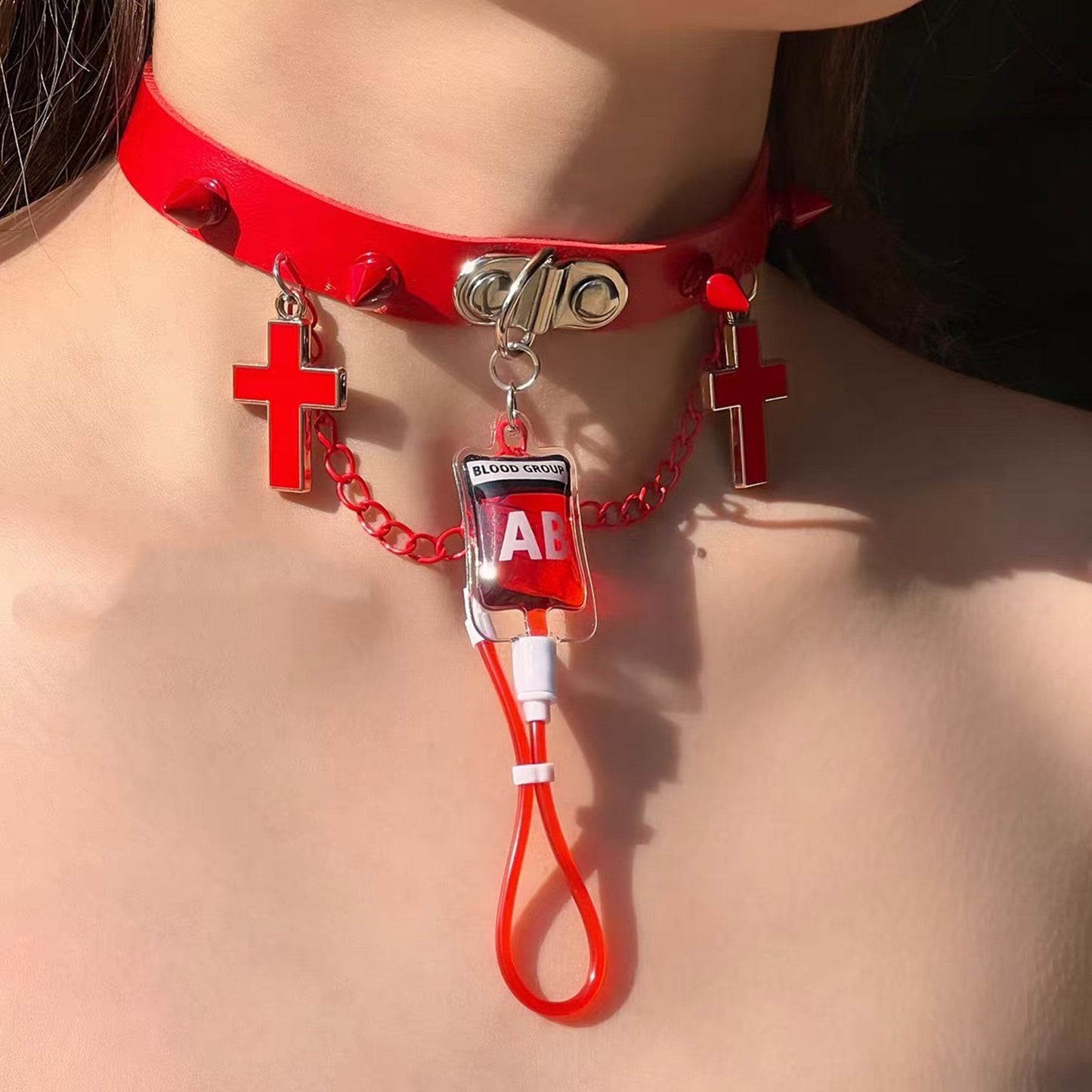 Y2K Punk Blood Bag Leather Choker – Studded Cross Indie Girl Necklace