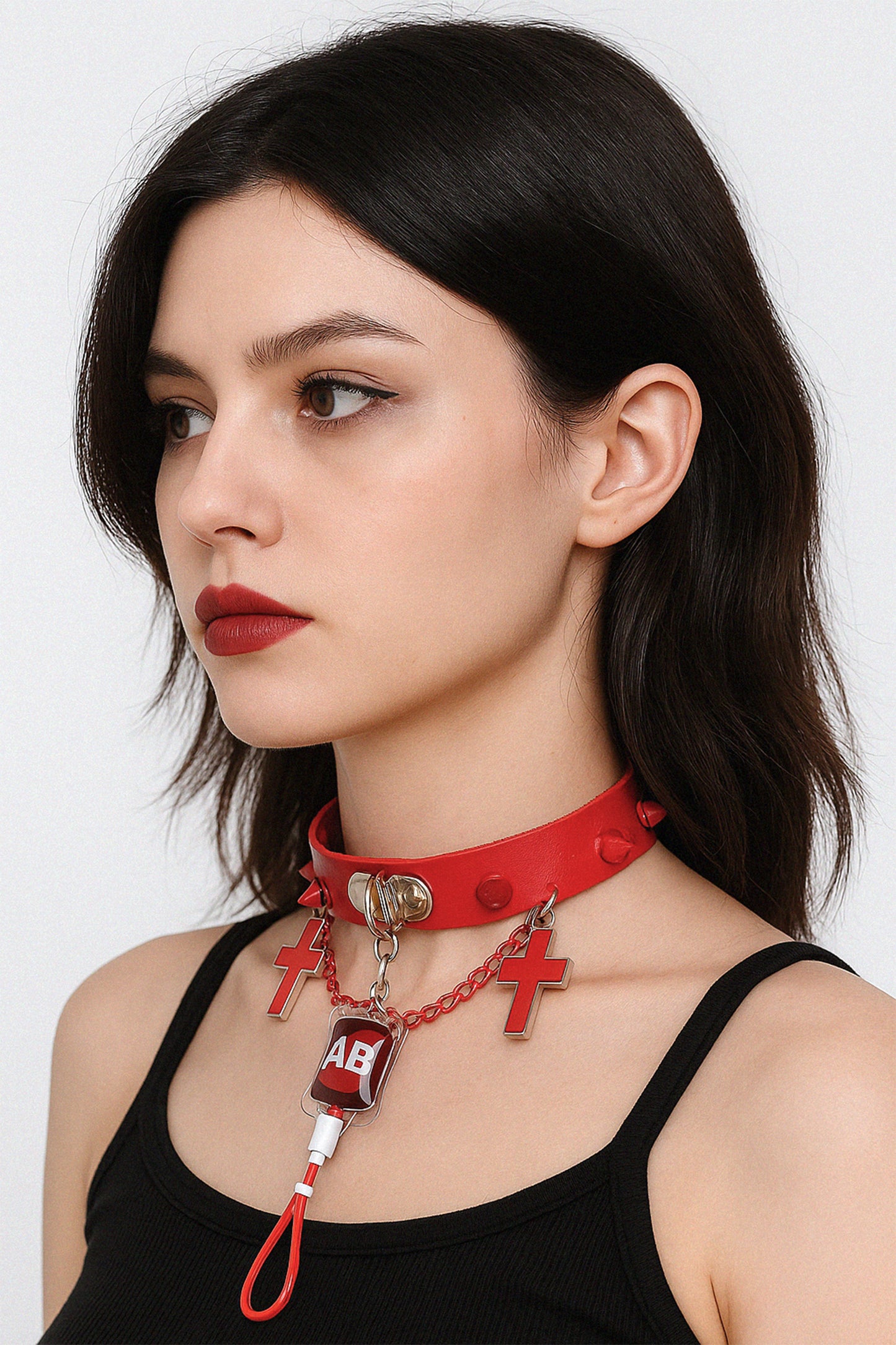 Y2K Punk Blood Bag Leather Choker – Studded Cross Indie Girl Necklace